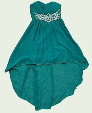 Jodi Kristopher Prom Party Dress size 5 Jade Green Rhinestone High Low Strapless